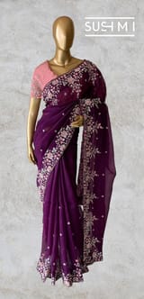 Violet  Pure Organza heavy handwork saree