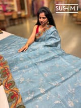 Dusty Blue Silk kota and pen kalamkari fusion saree with pita emb