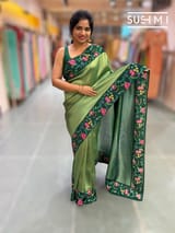 Bottle green Banarasi Tissue with petite point embroidery: S62F185