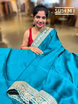 Peacock Blue Satin Saree with sabyasachi borders : D62F053