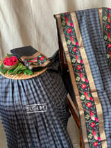 Black Vintage checks Kanjeevaram soft silk saree with embroidery D62F042