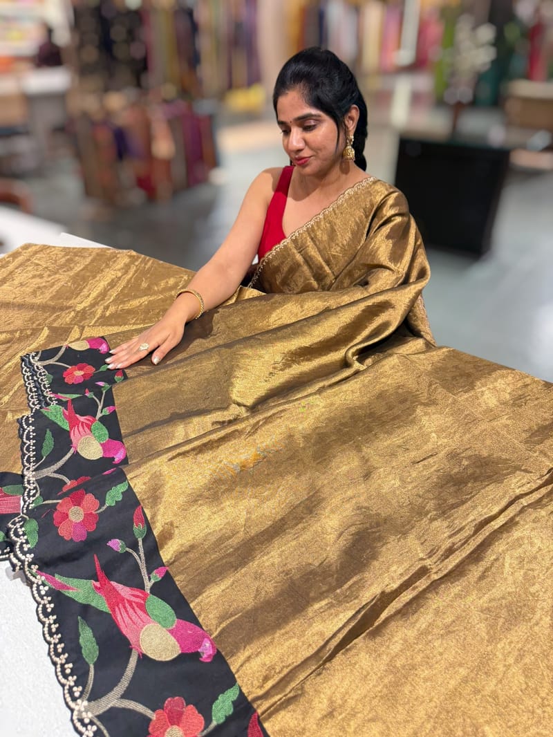 Antique Gold Chanderi Tissue Saree with pythani inspired parrot embroidered border SS50229