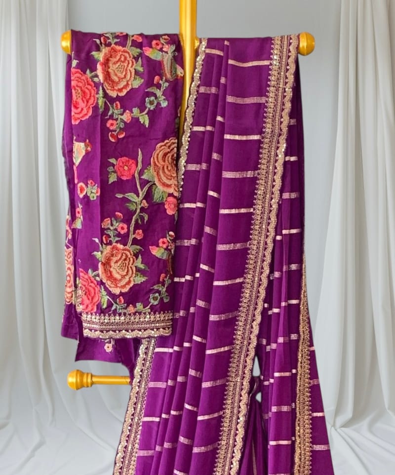 Brinjal Banarai Chiffon zari stripes saree with embroidered blouse