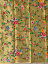 Mango yellow Tissue Stripes Saree with petite point Embroidered tissue border and blouse .