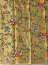 Mango yellow Tissue Stripes Saree with petite point Embroidered tissue border and blouse .