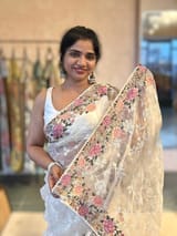 Ivory Organza Saree with Allover Floral Sequence Work & Parsi Embroidered Border SS50326
