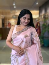 Rose Pink Pure Organza Saree with one of a kind Tissue Applique work allover SS50333
