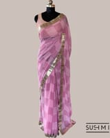 Pure Gorgette Saree in Checks Pattern , Allover Seuence & Hemlined Wth Gota lace SS5069