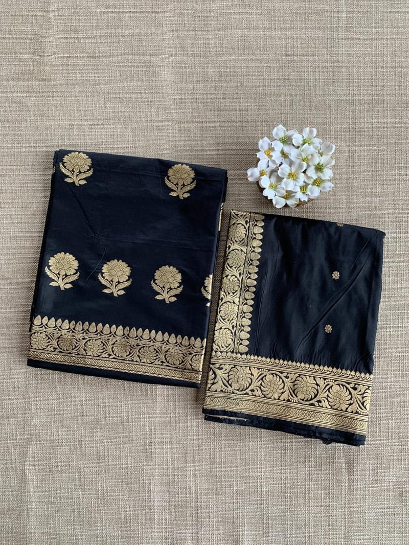Black Pure Handloom Black Katan Silk  3 pc Suit Set with  kaduwa weaving SS50593