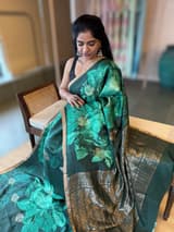 Forest Green Kanchi Soft Silk Saree With Statement 3D Rose Print allover SS50508