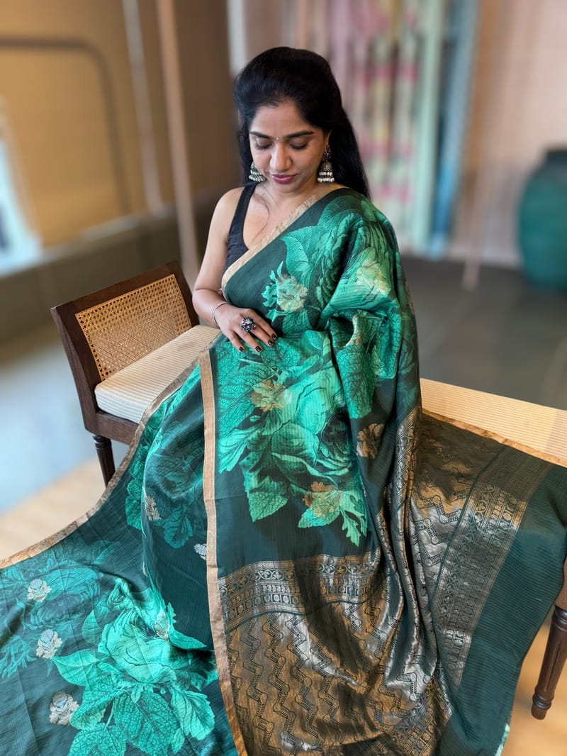 Forest Green Kanchi Soft Silk Saree With Statement 3D Rose Print allover SS50508