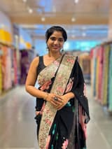 Black Printed georgette Saree With statement Lotus print & Tissue Embroidered Border SS5060