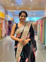 Black Printed georgette Saree With statement Lotus print & Tissue Embroidered Border SS5060