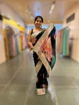 Black Printed georgette Saree With statement Lotus print & Tissue Embroidered Border SS5060