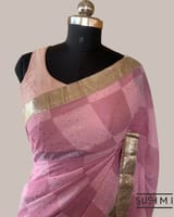 Pure Gorgette Saree in Checks Pattern , Allover Seuence & Hemlined Wth Gota lace SS5069