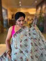 Greyish Blue Designer Premium Handloom Kora Banarasi with Printed Borders