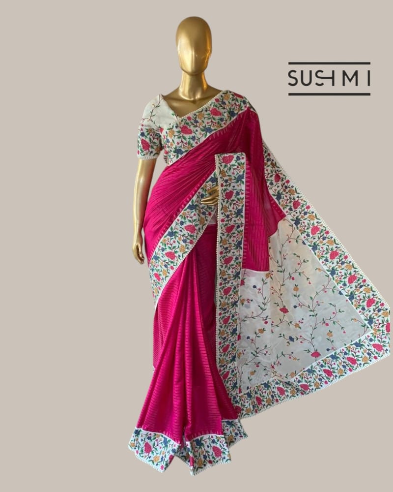 Pink Kanchi Soft Silk Saree With Petite Point Embroidered Border Pallu & Blouse SS50143