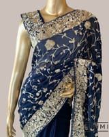 Midnight Blue Pure Gorgette Saree With Parsi Gara Style Allover Embroidery   Ori SS50564
