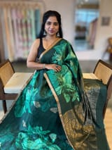 Forest Green Kanchi Soft Silk Saree With Statement 3D Rose Print allover SS50508