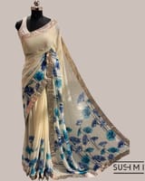 Pure Gorgette Saree with floral printed border and pallu hemlined with gota lace SS5071