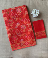 Carrot Color Banarasi Handloom Cotton  Cut Jamdani Saree With Allover Meenakari