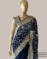 Midnight Blue Pure Gorgette Saree With Parsi Gara Style Allover Embroidery   Ori SS50564