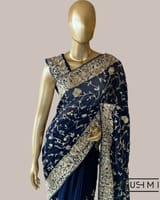 Midnight Blue Pure Gorgette Saree With Parsi Gara Style Allover Embroidery   Ori SS50564