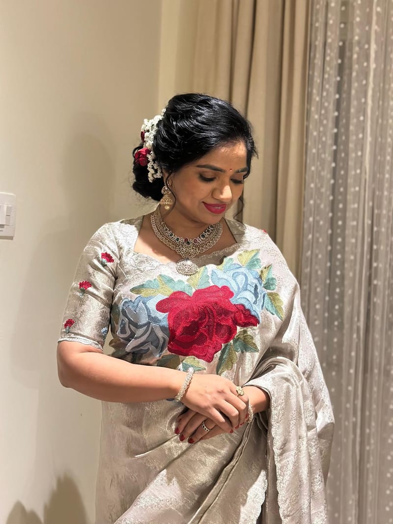 Silver Kanchi Brocade Tissue Saree with Statement Floral Embroidered Roses SS50142