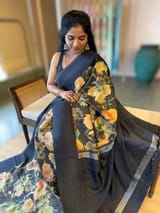 Kanchi Soft Silk Zari Checks Saree With 3D Statement Roses Print Allover. SS50517