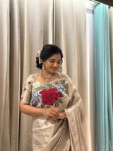 Silver Kanchi Brocade Tissue Saree with Statement Floral Embroidered Roses SS50142