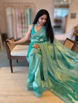 Teal Tissue Gorgette saree with sabyasachi borders and allover pitawork blouse SS50443