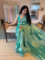 Teal Tissue Gorgette saree with sabyasachi borders and allover pitawork blouse SS50443