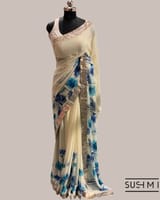 Pure Gorgette Saree with floral printed border and pallu hemlined with gota lace SS5071