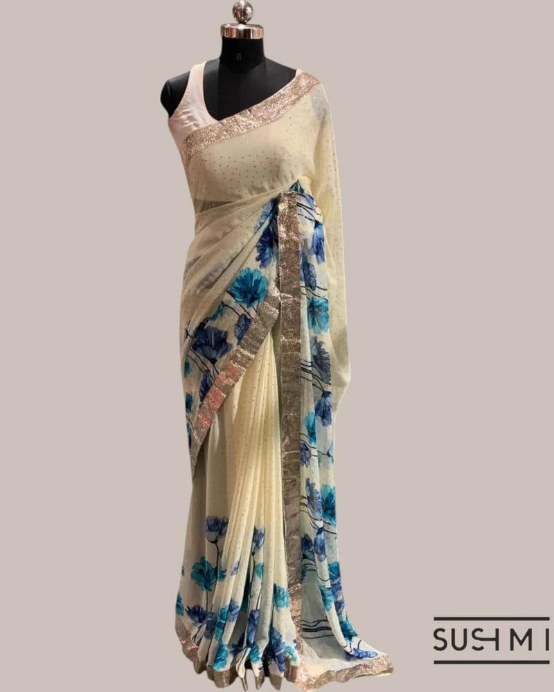 Pure Gorgette Saree with floral printed border and pallu hemlined with gota lace SS5071