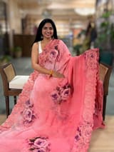 Coral Peach Gorgette  Saree With Chatilly Lace Style Cutwork embroidered Border SS5057