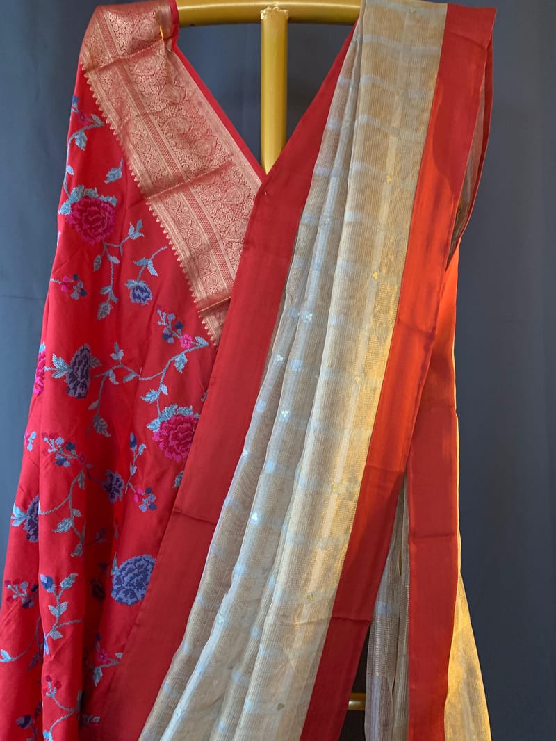 Designer Pure Handloom Gold tissue saree with kanchi petite point work blouse SS50416