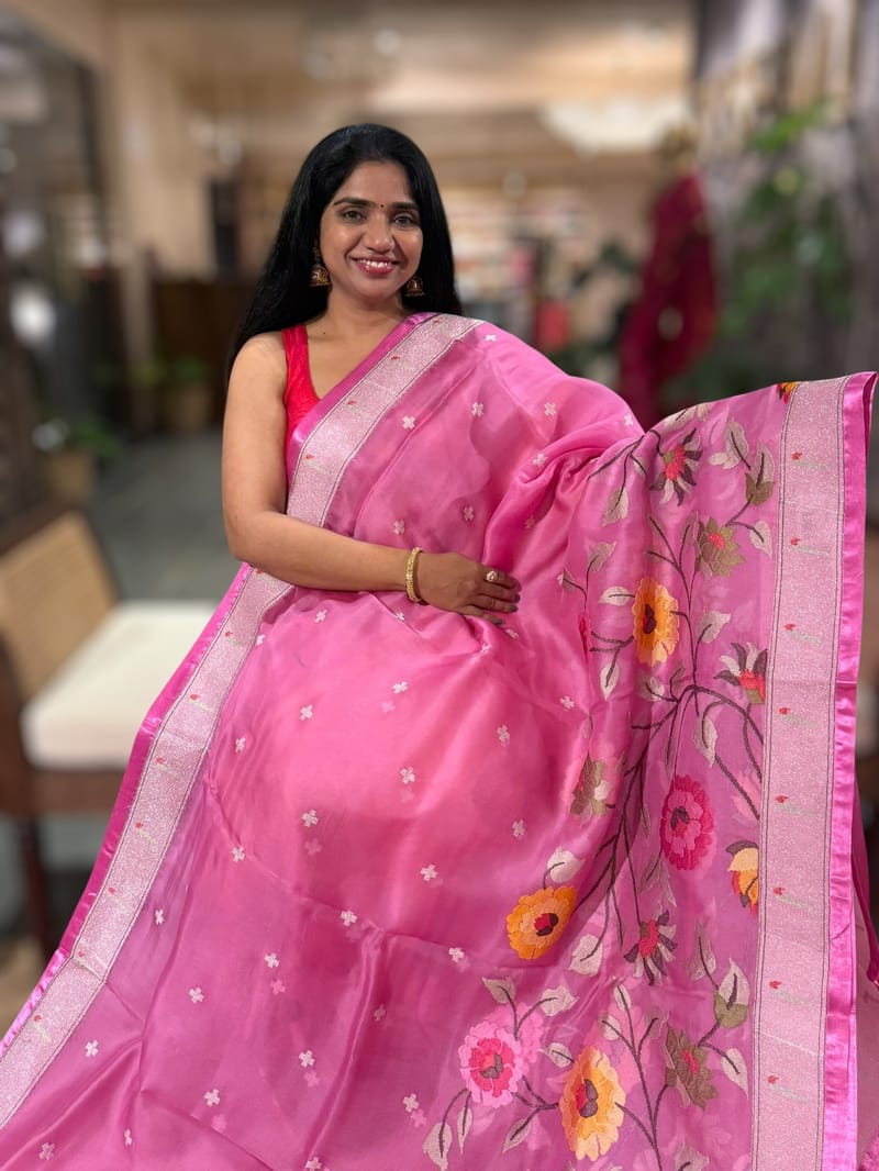 Light Rose Pink Organza Silk Saree With Jamdani Inspired Embroidery SS50327