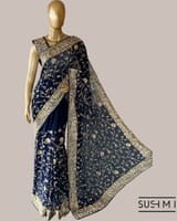Midnight Blue Pure Gorgette Saree With Parsi Gara Style Allover Embroidery   Ori SS50564