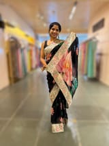 Black Printed georgette Saree With statement Lotus print & Tissue Embroidered Border SS5060