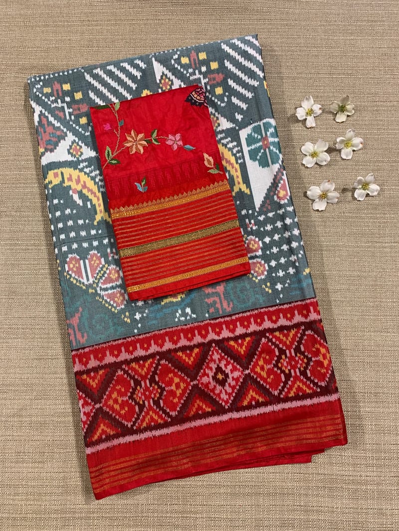 Light Blue and  Red Combo Pure Patan Patola Saree with Unique Concept Body SS50353