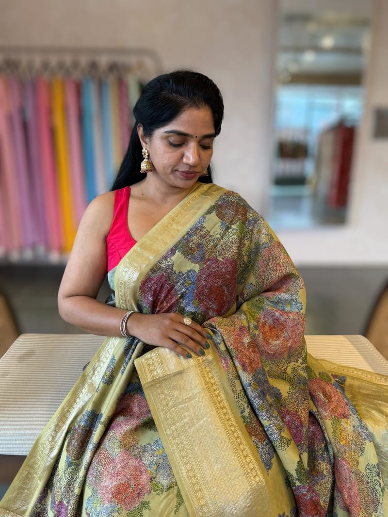 Light Olive Pista Chiniya Silk Saree With Petite Point  Emb Style Print SS50104