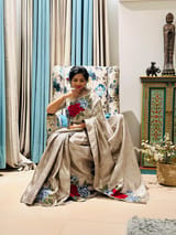 Silver Kanchi Brocade Tissue Saree with Statement Floral Embroidered Roses SS50142