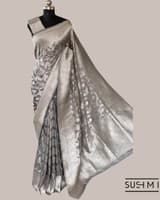 Silverish Grey Banarasi Katan Silk Saree with Allover Floral Jaal Weaving Blouse SS50565