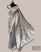 Silverish Grey Banarasi Katan Silk Saree with Allover Floral Jaal Weaving Blouse SS50565