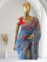 Blue Gorgette printed Saree  with handwork borders SS5065