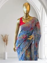 Blue Gorgette printed Saree  with handwork borders SS5065