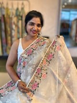 Ivory Organza Saree with Allover Floral Sequence Work & Parsi Embroidered Border SS50326