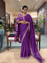 Purple Chinnon Saree Wth Sabhya Borders & Heavy embroidered Blouse SS50586