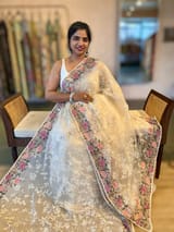 Ivory Organza Saree with Allover Floral Sequence Work & Parsi Embroidered Border SS50326