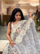 Grey Gorgette Printed Saree With Chatilly Lace Style Cutwork embroidered Border SS5059